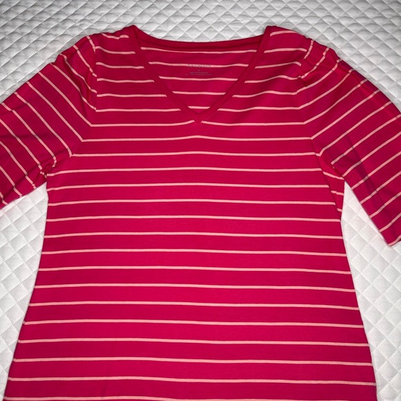 Talbots Cotton Pink Ruched Sleeve V Neck Tee - Picture 3 of 9